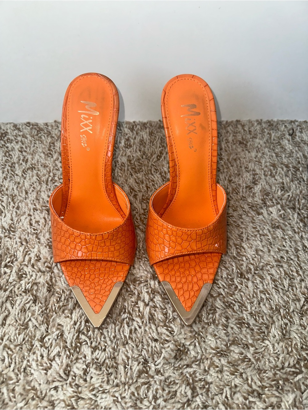Mixx Shuz Orange Croc-Embossed Pointed Toe Slide Sandals with Metallic Tip